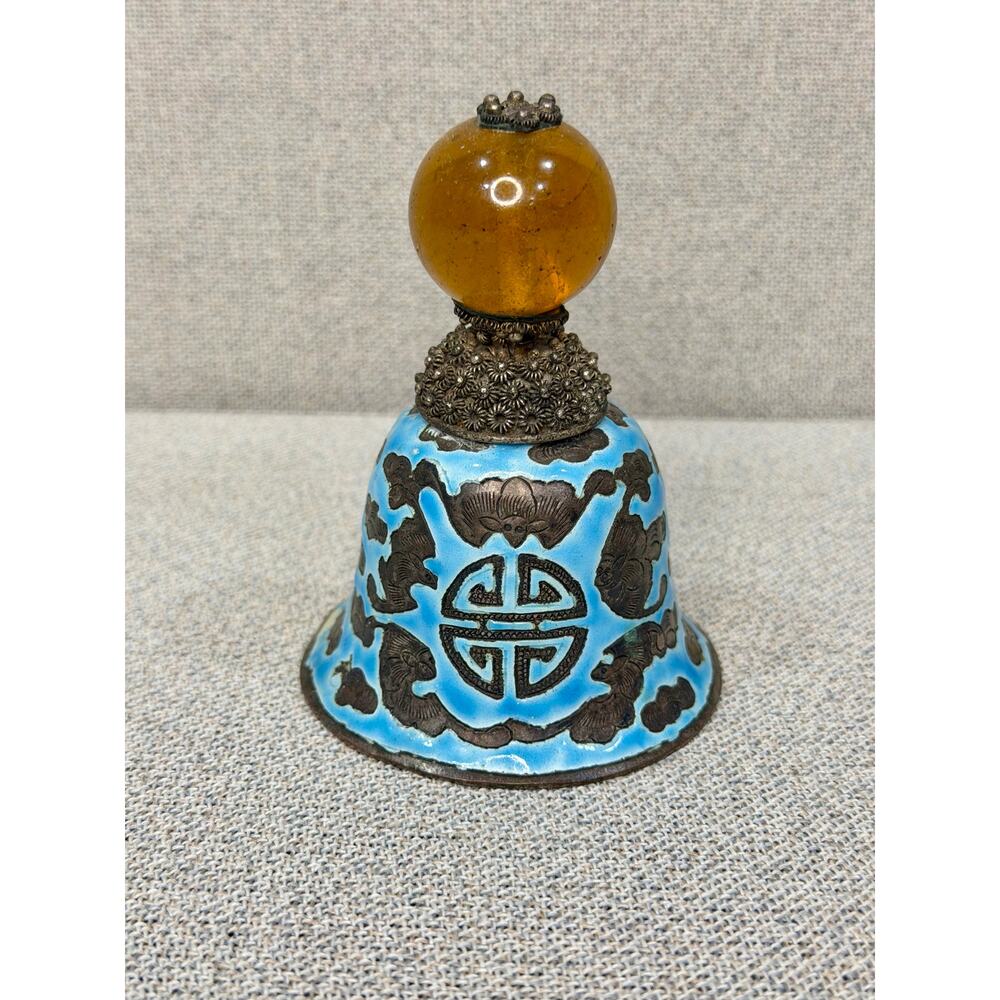 Vtg Chinese Cloisonné-Style Enamel‎ Bell Longevity Symbol and Amber Glass Finial